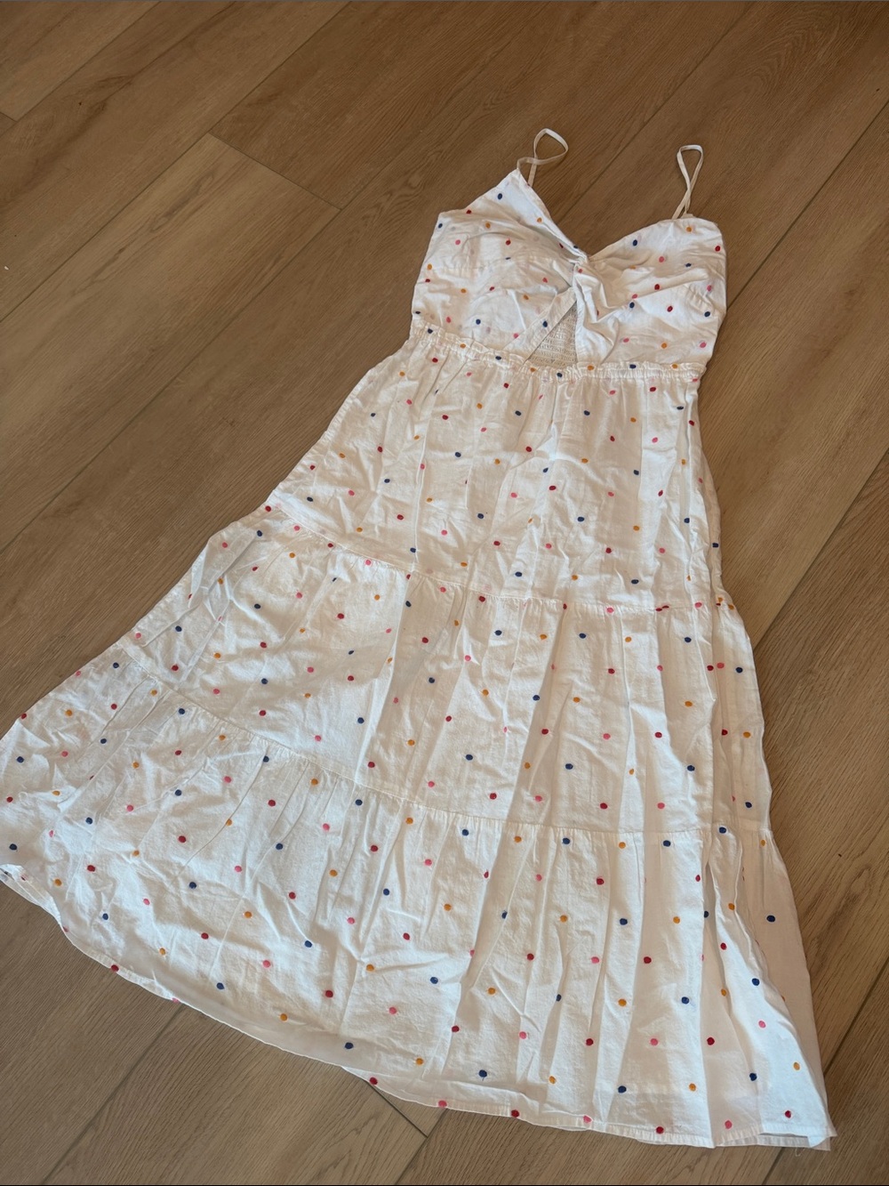 LOFT White Midi Dress with Multicolor Polka Dots